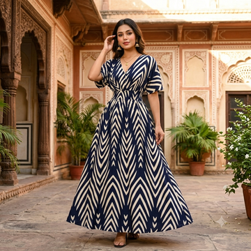 Maya Navy & Cream V-Neck Maxi Dress