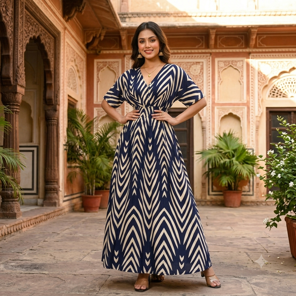 Maya Navy & Cream V-Neck Maxi Dress