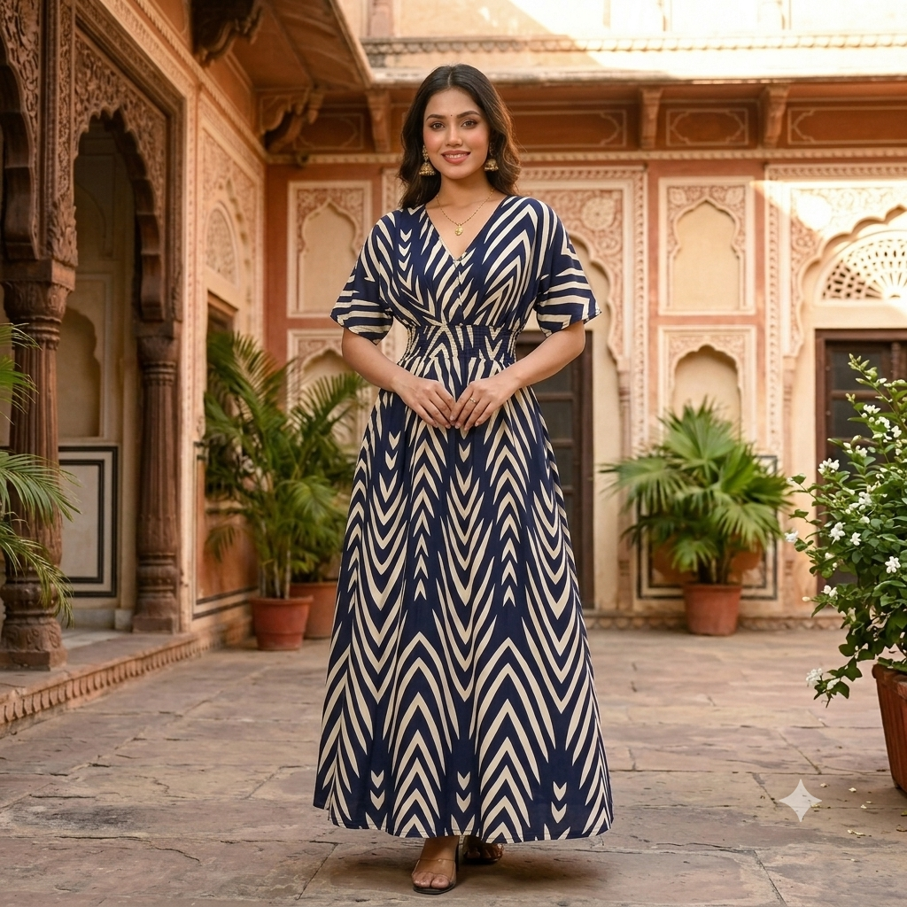 Maya Navy & Cream V-Neck Maxi Dress