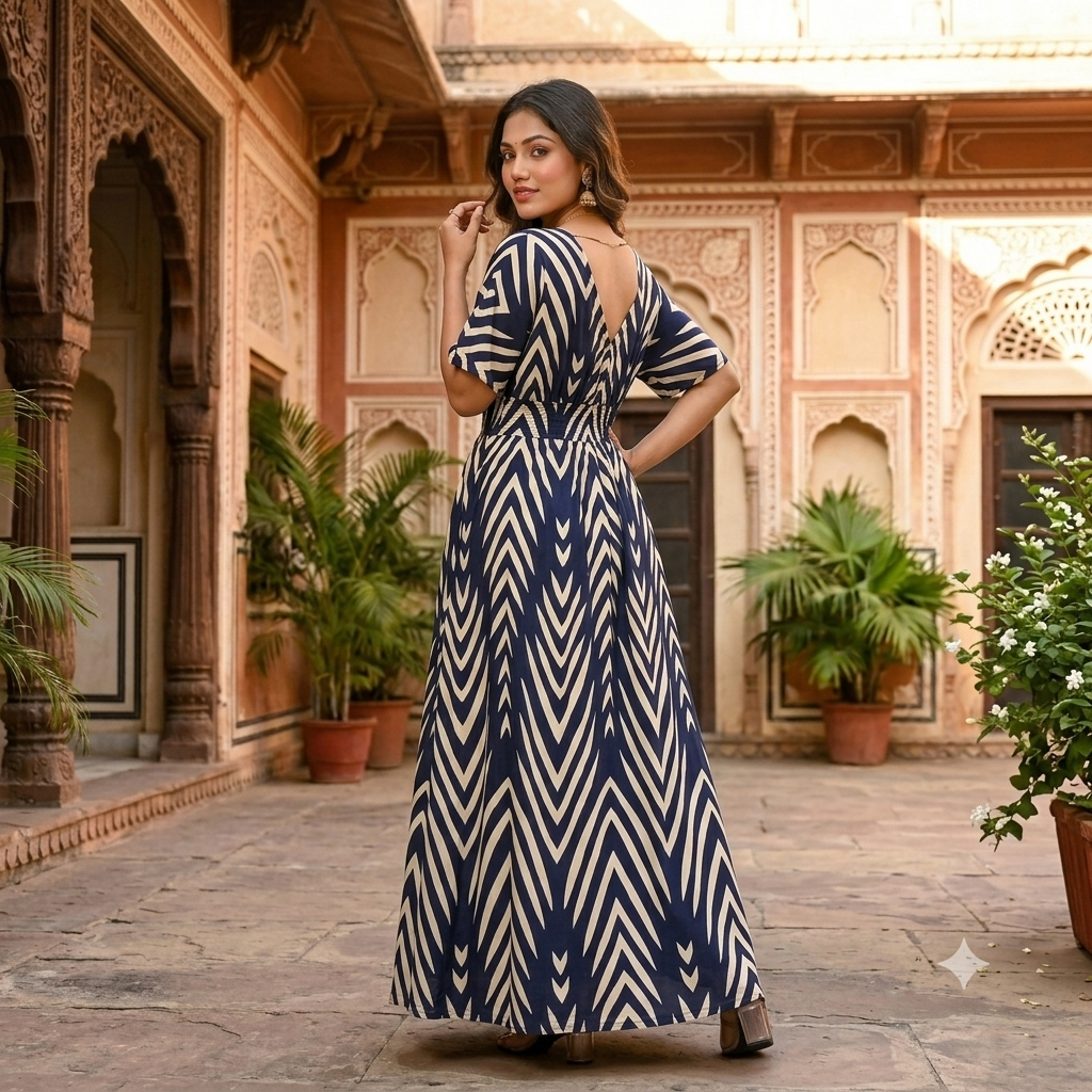 Maya Navy & Cream V-Neck Maxi Dress