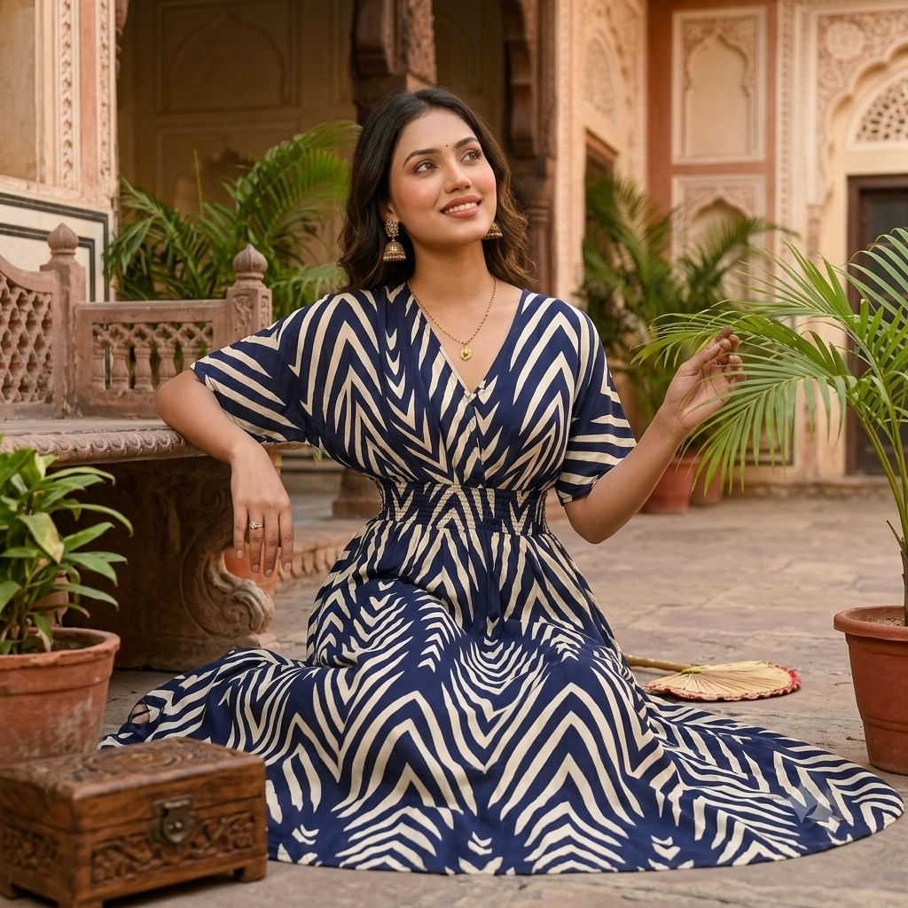 Maya Navy & Cream V-Neck Maxi Dress