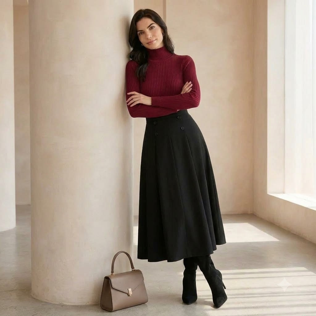 The Noir Two-Piece — Ribbed Turtleneck & A-Line Midi Skirt Set