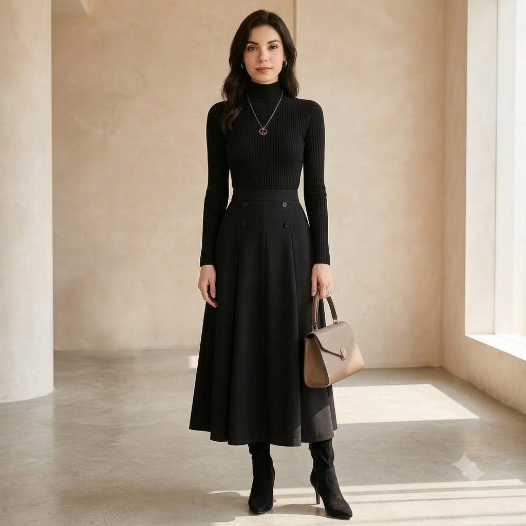 The Noir Two-Piece - front view, black ribbed turtleneck and A-line midi skirt