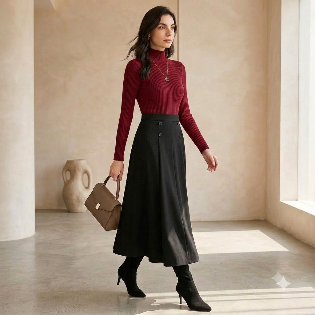 The Noir Two-Piece in Burgundy Red - walking pose