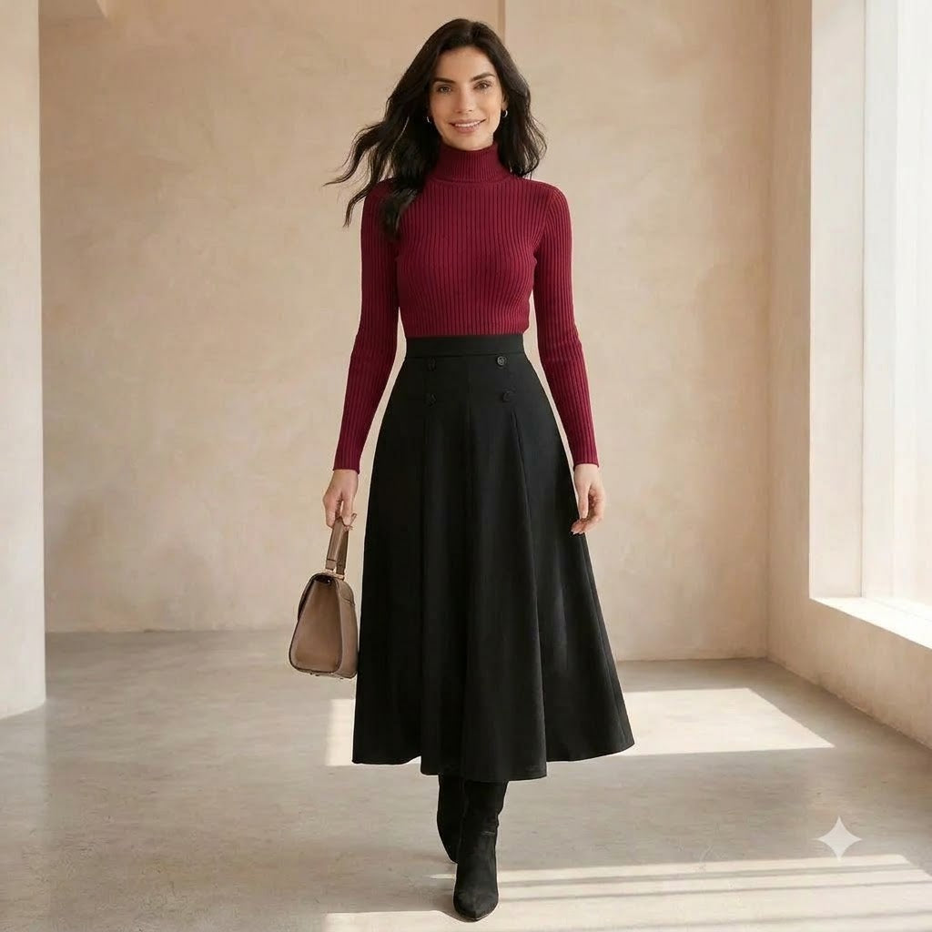 The Noir Two-Piece in Burgundy Red - walking smiling