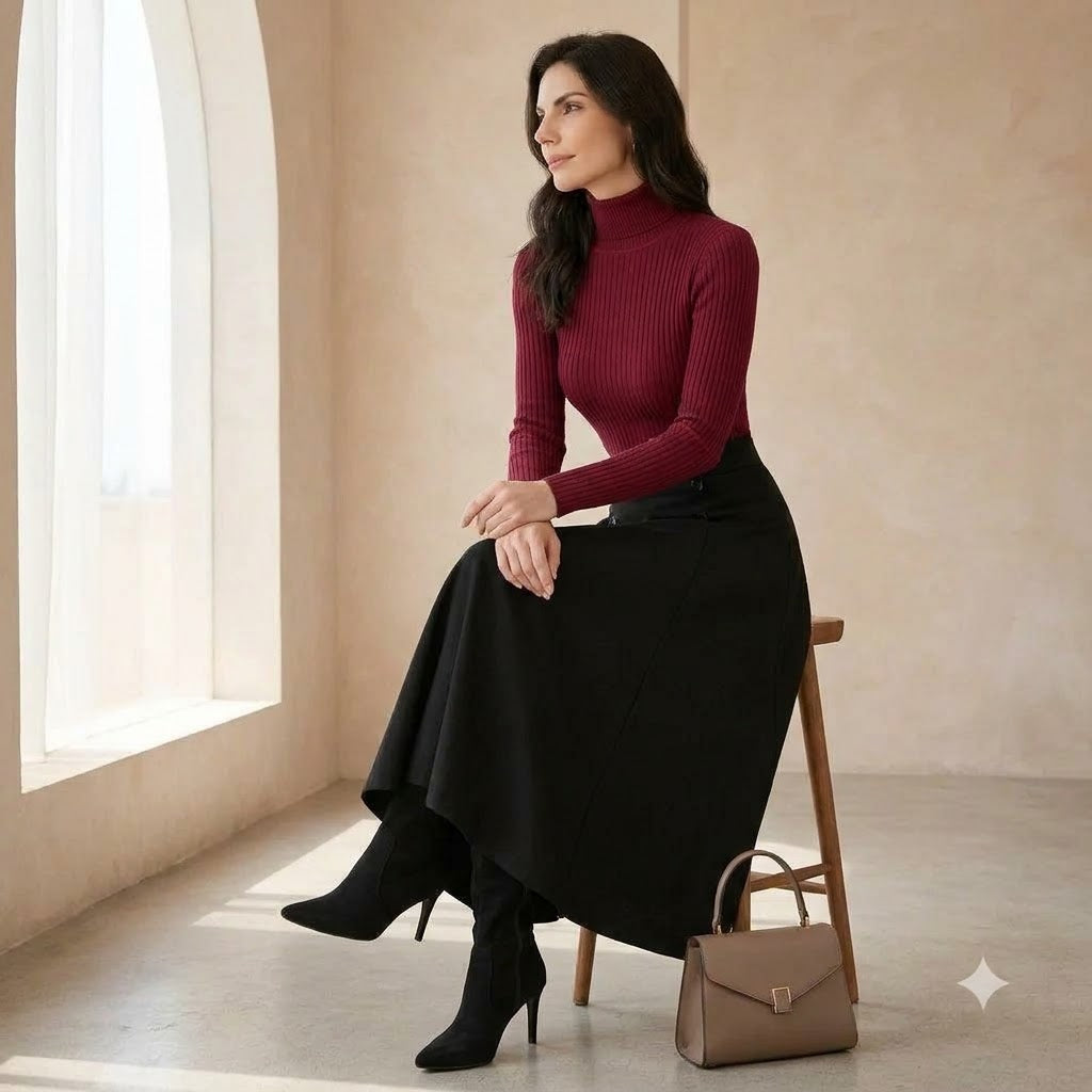 The Noir Two-Piece in Burgundy Red - seated pose